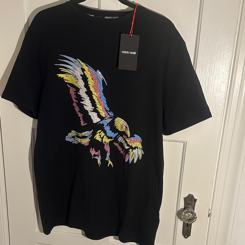Roberto Cavalli Black Sequin Eagle Sport Tee